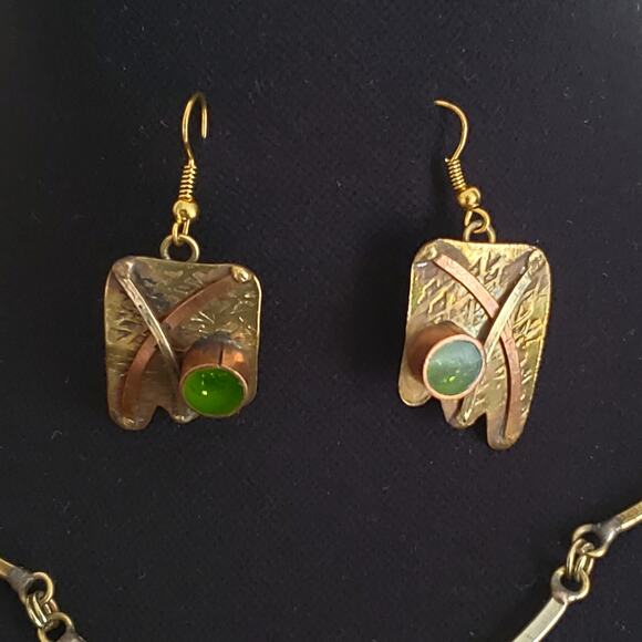 Modernist Artisan Confetti Pendant Necklace Earrings Set Mixed Metals Abstract - Picture 4 of 14